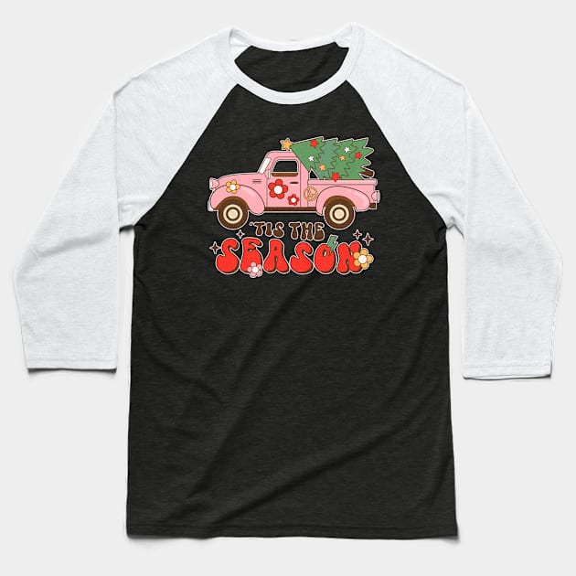 Merry Christmas Tis The Season Retro Truck Christmas Tree Baseball T-Shirt by SilverLake